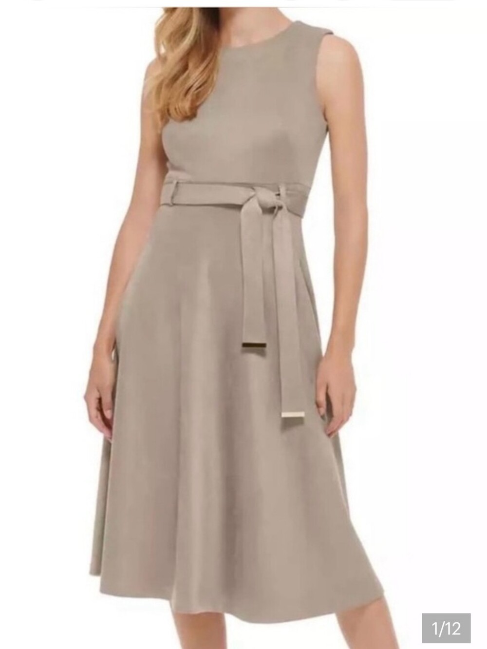 Calvin Klein Taupe Sleeveless A-Line Belted Midi Skirt
